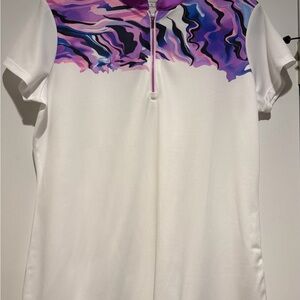 NWT Women’s EP NY Cap Sleeve Split Zip Mock Polo White Multi Color Size Large